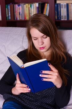 Portrait of beautiful young woman sitting on a sofa at home, reading a book . Girl reading a book.