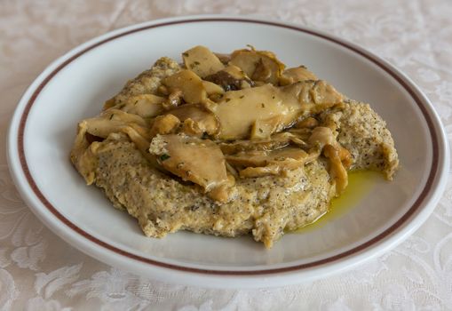 in the picture typical italian food ,Polenta Taragna and mushrooms (Porcini) on white dish at restaurant.