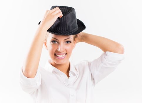 Portrait of Beautiful young woman with hat.