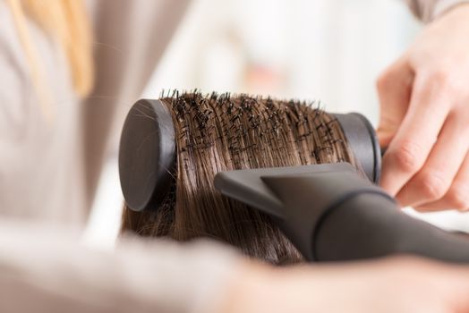 Drying long brown hair with hair dryer and round brush. Close-up.