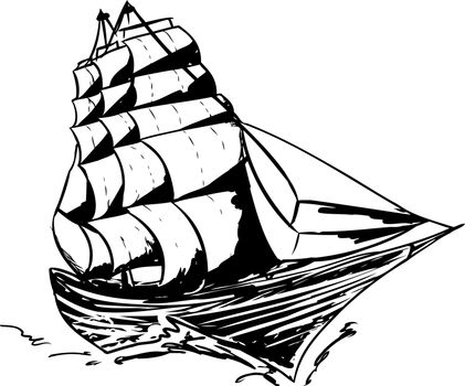 Outlined 1800s clipper ship moving on white background