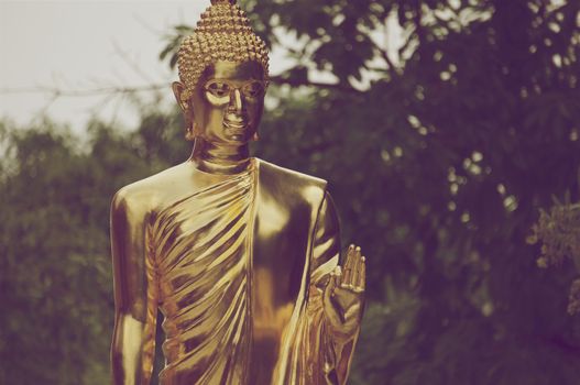 Golden buddha sculpture have bokeh of green tree vintage style. 