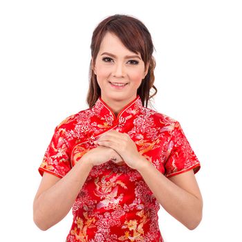 Asian Chinese girl greeting in Traditional Chinese , chinese new year