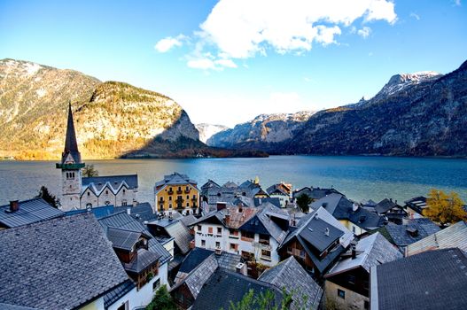 Beautiful village of Hallstatt  on the side of a lake in the Alps in Austria