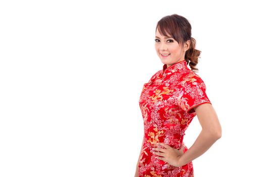 Asian Chinese girl greeting in Traditional Chinese , chinese new year