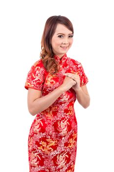 Asian Chinese girl greeting in Traditional Chinese , chinese new year