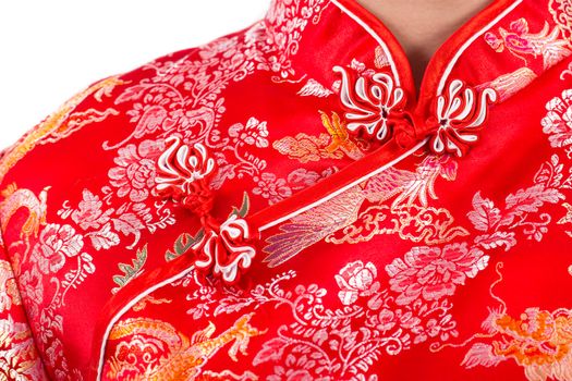 Chinese woman red dress traditional cheongsam ,close up portrait uniform, chinese new year