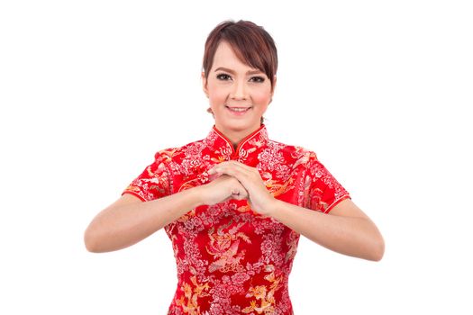 Asian Chinese girl greeting in Traditional Chinese , chinese new year