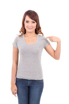 happy teenage girl in blank gray t-shirt on white background