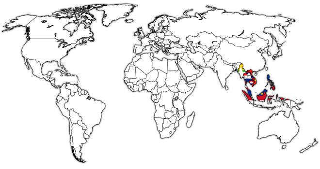 Association of South-East Asian Nations on world map with national borders