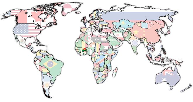 burkina faso flag on old vintage world map with national borders