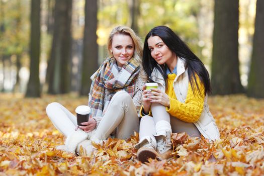 Two female friends with take away coffee in autumn park