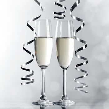 Two glasses of champagne and ribbons on light bokeh background