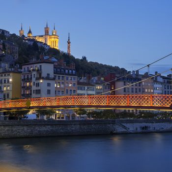 Lyon city with Saone river at night, France