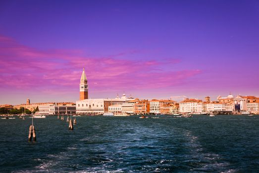 Venice panorama view at sunset from the sea.