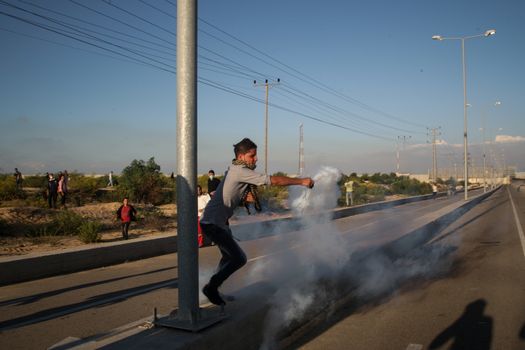 WEST BANK, Erez Crossing: Israeli troops clashed with Palestinian protesters near the Erez Crossing on October 30, 2015. As many as 46 Palestinians were injured in the unrest, including 17 by live fire. 