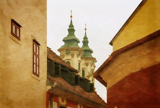 The medieval town of Eger taken from the ramparts of the Eger fort. Photo in old color image style.