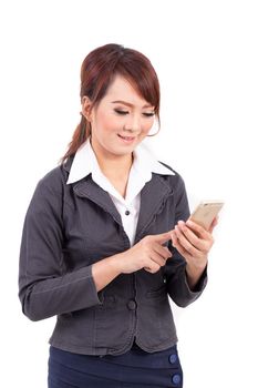 Young business woman holding cellphone on white background