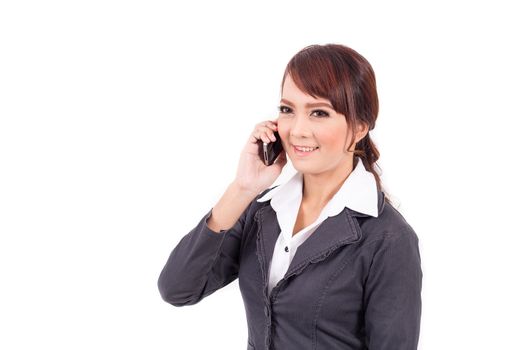 Young business woman holding cellphone on white background