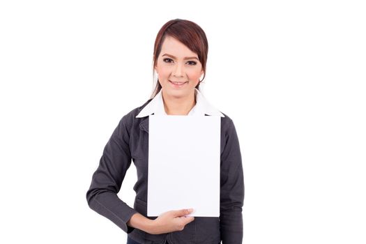 Happy smiling young business woman holding blank signboard, over white background