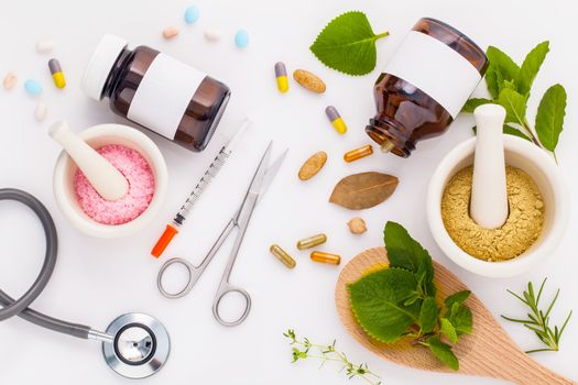 Herbal medicine VS Chemical medicine the alternative healthy care on white background.