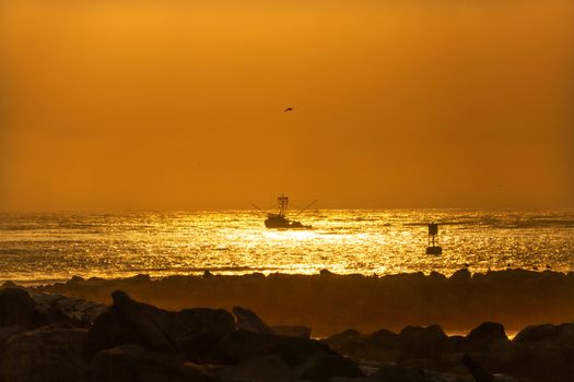 Fishing Boat Leaving Westport Sunset Buoy Grays Breakwater Harbor Puget Sound Washington State Pacific Northwest