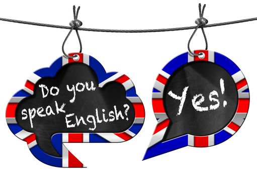Two speech bubbles with Uk flags and text Do you speak English? Yes! Hanging from a steel cable and isolated on white