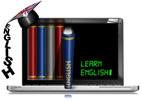 Laptop computer with English books, graduation hat and text Learn English. Isolated on white background