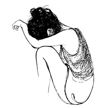 Human emotion sketch, sad girl hand drawn on white background