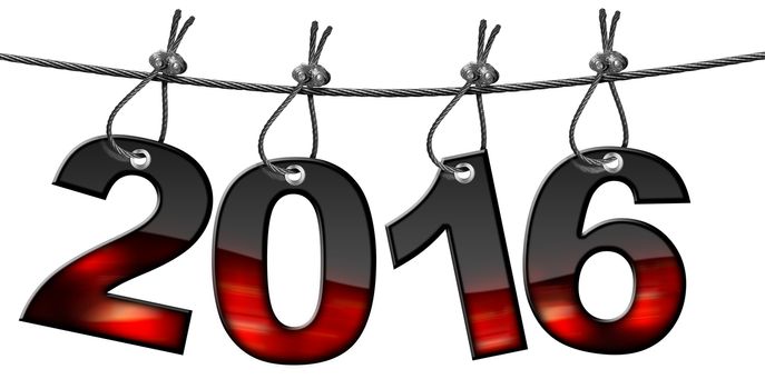 Happy New Year 2016, black and red numbers hanging from a steel cable and isolated on a white background