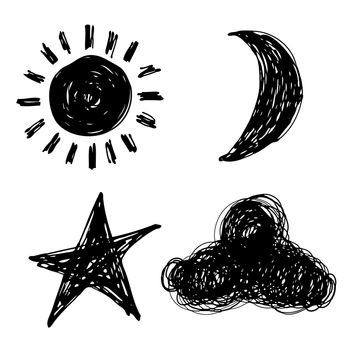 sun, moon, sky and cloud doodle hand drawn on white background