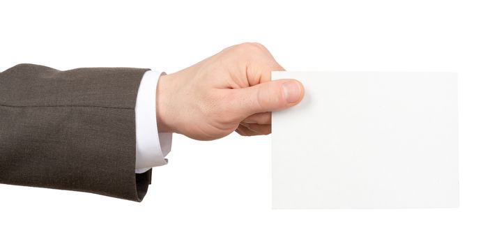 Businessman holding empty paper on isolated white background