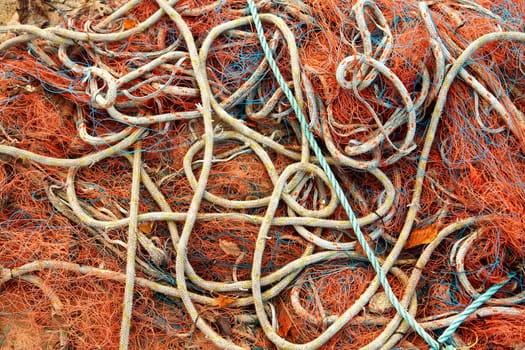 Colorful fishing net in close up view                               