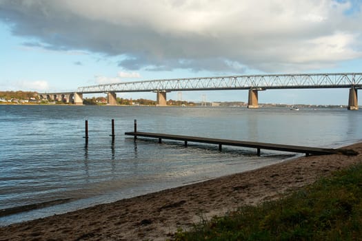 Lillebaelt Little Belt old and new suspended bridge Middelfart Denmark