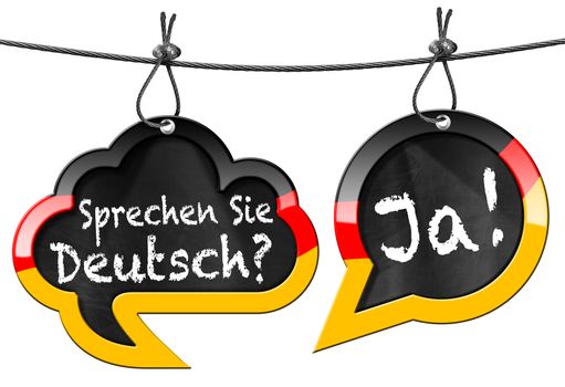 Two speech bubbles with German flag and text Sprechen Sie Deutsch? Ja! (Do you speak German? Yes!). Isolated on white