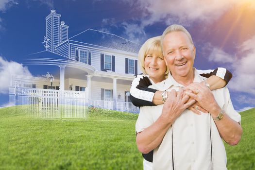 Senior Couple In Front of Ghosted House Drawing, Partial Photo and Rolling Green Hills Behind.