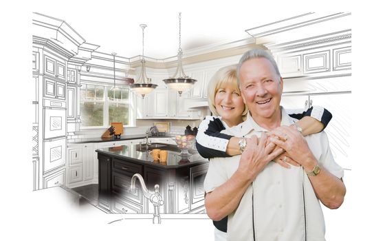 Happy Hugging Senior Couple Over Kitchen Design Drawing and Photo Combination on White.