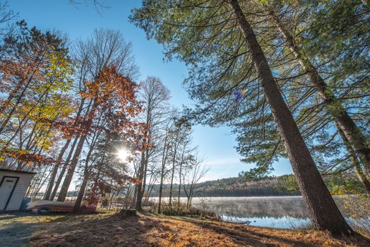 Morning sun rise revealing light fog.  Cottage back yard.  Chair sits on a partially submerged dock beside a lake in Ontario, Canada.