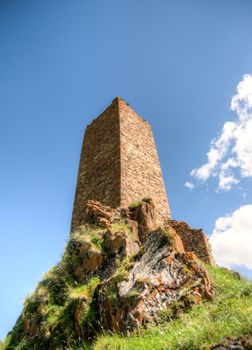 Ruins of old village in Georgia mountains canyon