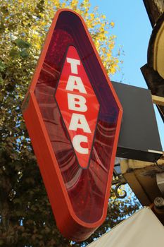 French Red And White Sign Tabac. In France "Tabac" means Tobacco