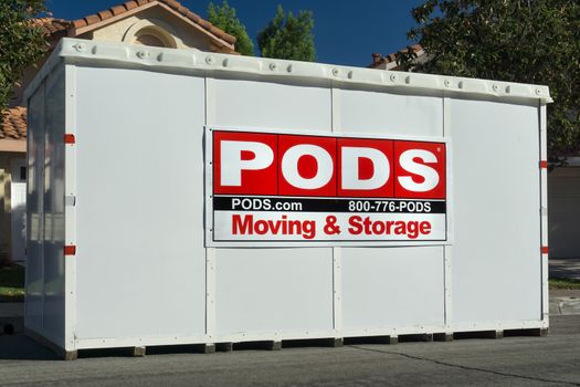 CANYON COUNTRY,CA/USA - OCTOBER 31, 2015: PODS Moving and Storage Container. Portable On Demand Storage, is a moving and storage company.