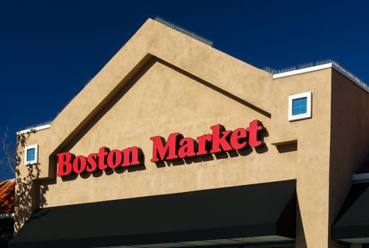 SANTA CLARITA,CA/USA - OCTOBER 31, 2015: Boston Market exterior and logo. Boston Market is a chain of American fast casual restaurants.