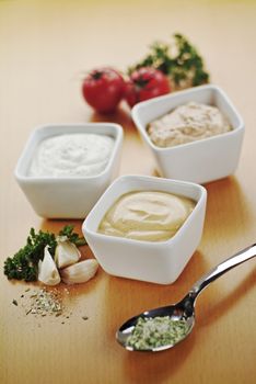 Still life of dipping sauces in small square dishes