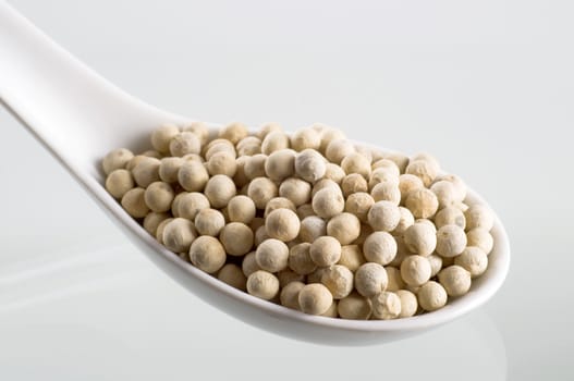 White peppercorns on a porcelain spoon