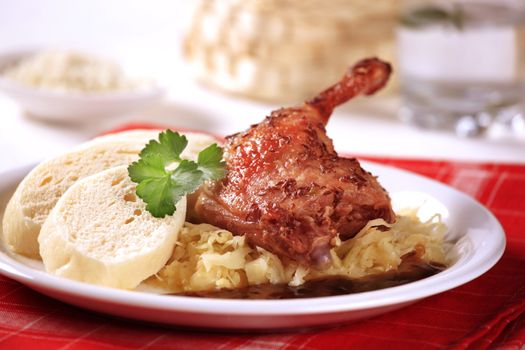 Czech cuisine - Roast Duck Leg with Cabbage and Bread Dumplings