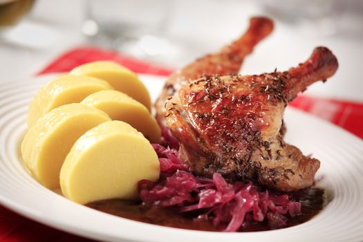 Roast Duck Legs with Red Cabbage and  Potato Dumplings