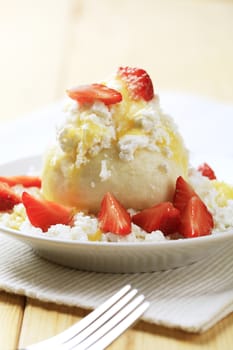 Fruit dumpling with cottage cheese, sugar, butter and fresh strawberries