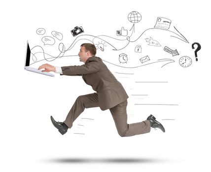 Businessman running fast with laptop on isolated white background