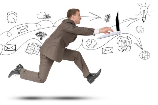 Businessman running fast with laptop on isolated white background