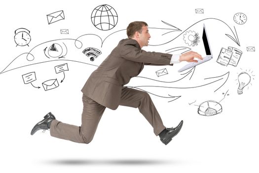 Businessman running fast with laptop on isolated white background